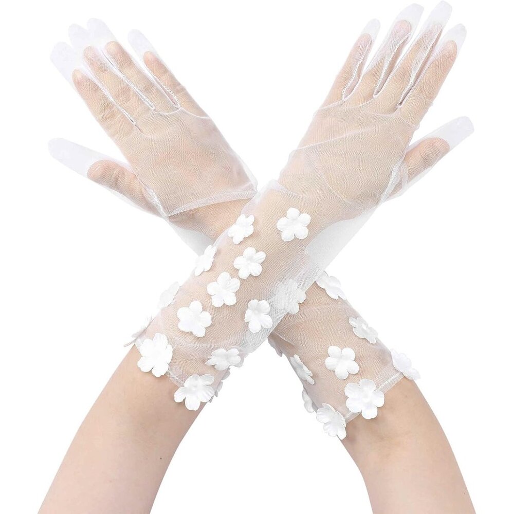 Women's White-2 Floral Tulle Pearl Long Sleeves Gloves Polka Point Evening